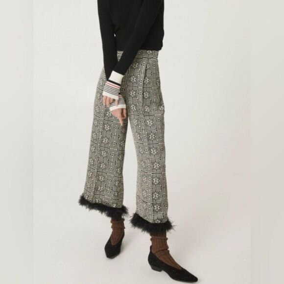 BEATRICE B Pants - BEATRICE B Italy Women's Wide Leg Ostrich Feather Trim Satin Sheen Pull On Pant